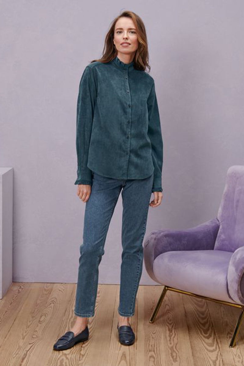 Women Ruffle Neck Long Sleeve Corduroy Blouse, Teal Blue