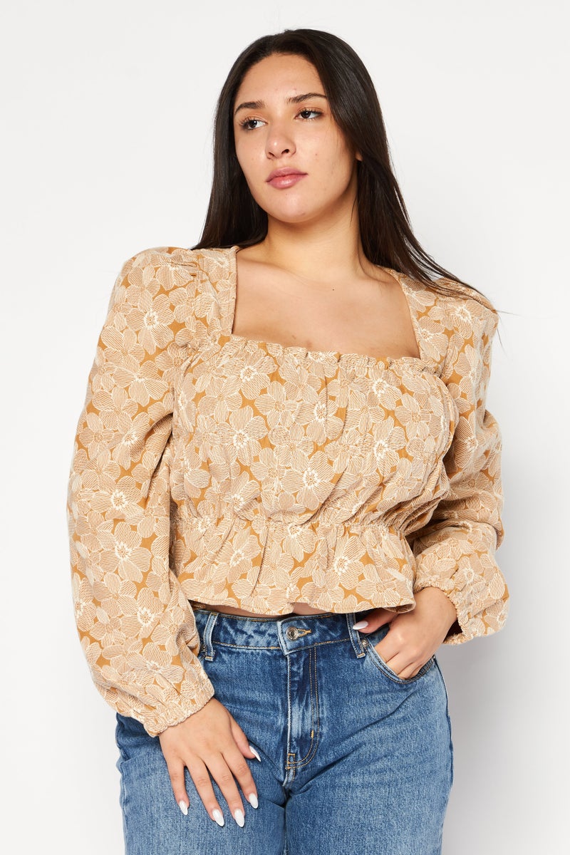 Women Square Neck Long Sleeves Floral Patten Blouse, Brown