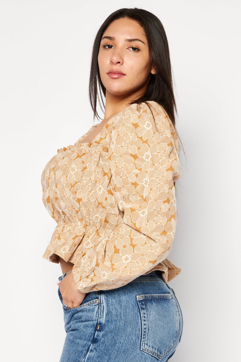 Women Square Neck Long Sleeves Floral Patten Blouse, Brown