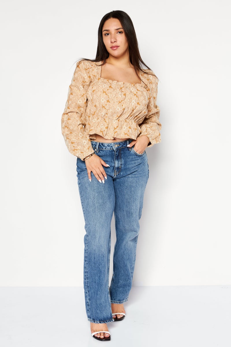 Women Square Neck Long Sleeves Floral Patten Blouse, Brown