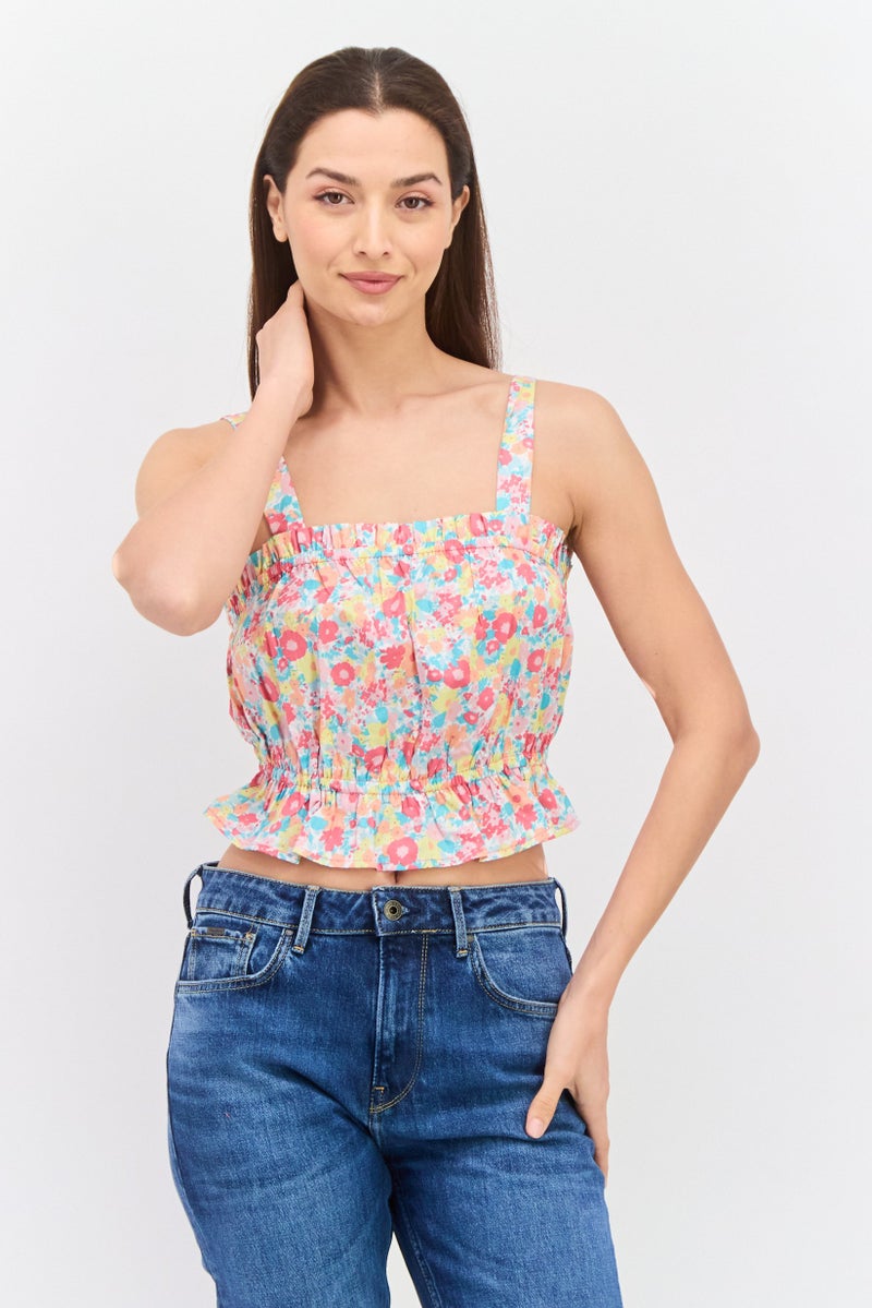 Women Sleeveless Floral Print Crop Top, Pink Combo