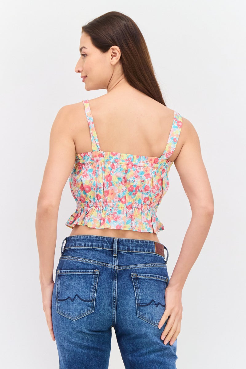 Women Sleeveless Floral Print Crop Top, Pink Combo