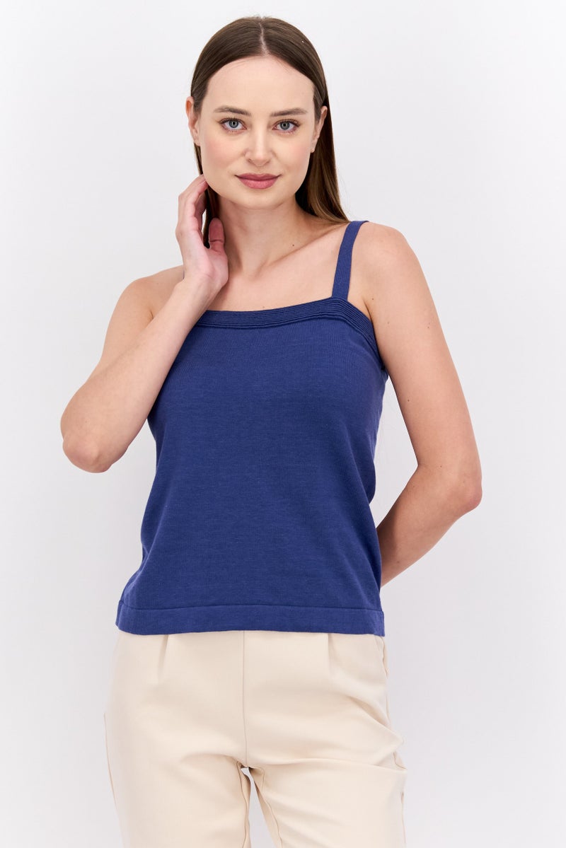 Women Square Neck Sleeveless Knitted Top, Navy