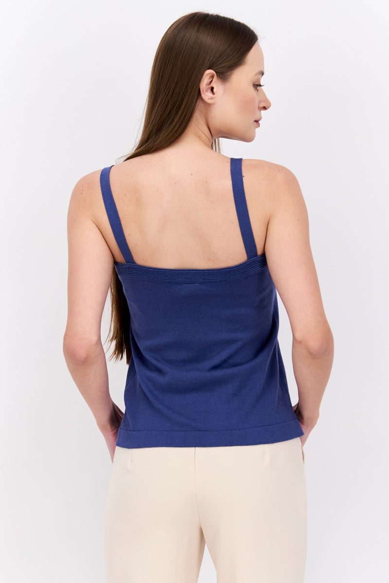 Women Square Neck Sleeveless Knitted Top, Navy