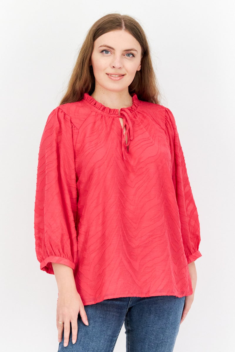 Women Tie Neckline 3/4 Sleeves Textured Top, Dark Pink