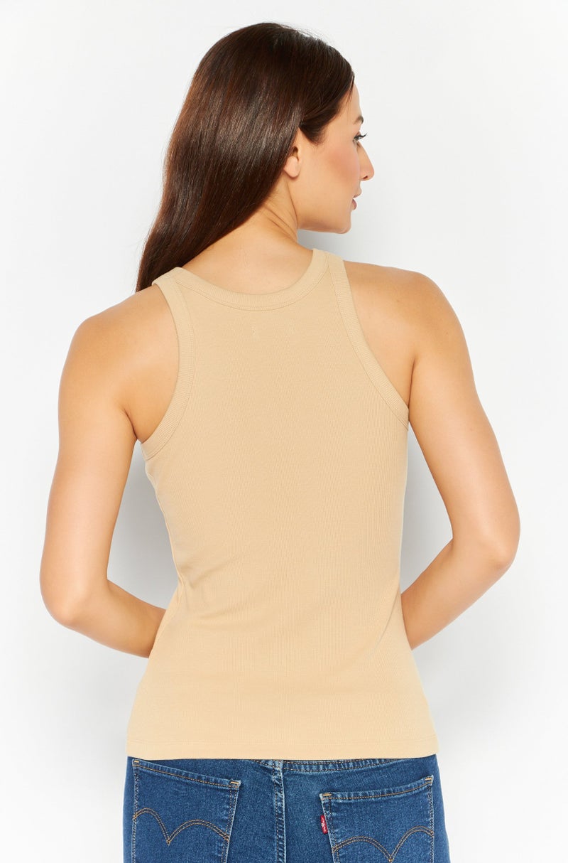 Women Crew Neck Sleeveless Textured Tank Top, Beige