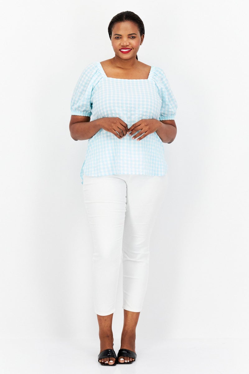 Women Plus Size Square Neck Short Sleeve Checkered Top, Turquoise