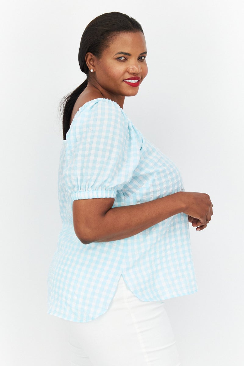 Women Plus Size Square Neck Short Sleeve Checkered Top, Turquoise