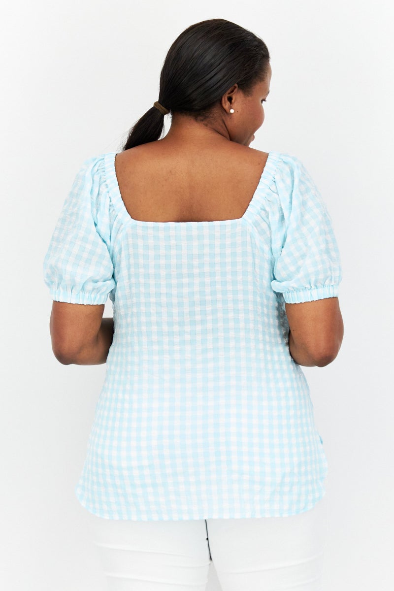 Women Plus Size Square Neck Short Sleeve Checkered Top, Turquoise