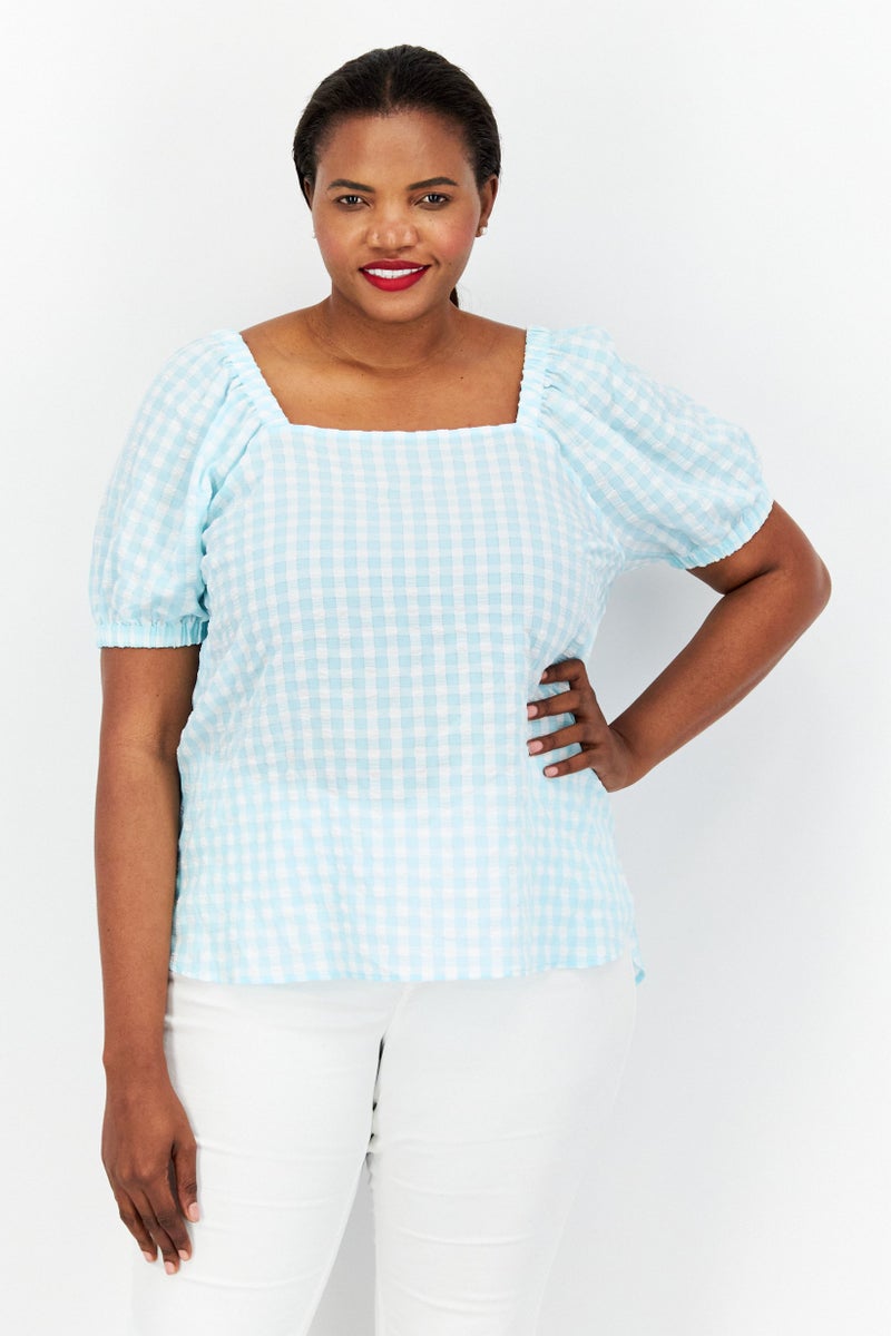 Women Plus Size Square Neck Short Sleeve Checkered Top, Turquoise