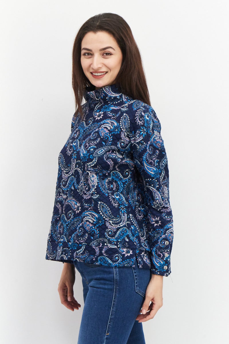 Women Cowl Neck Long Sleeves Blouse, Blue Combo