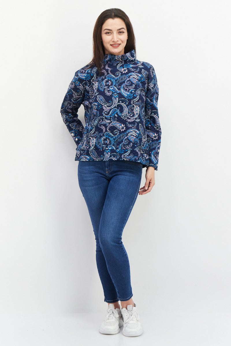 Women Cowl Neck Long Sleeves Blouse, Blue Combo