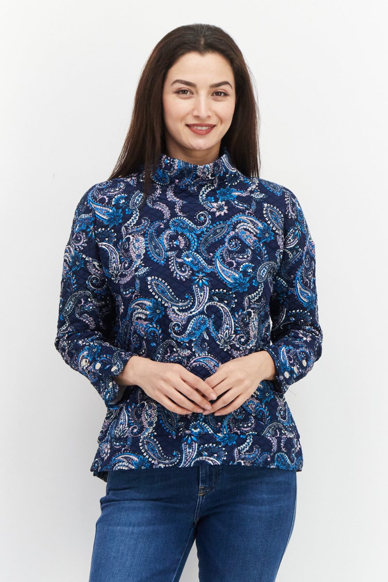 Women Cowl Neck Long Sleeves Blouse, Blue Combo