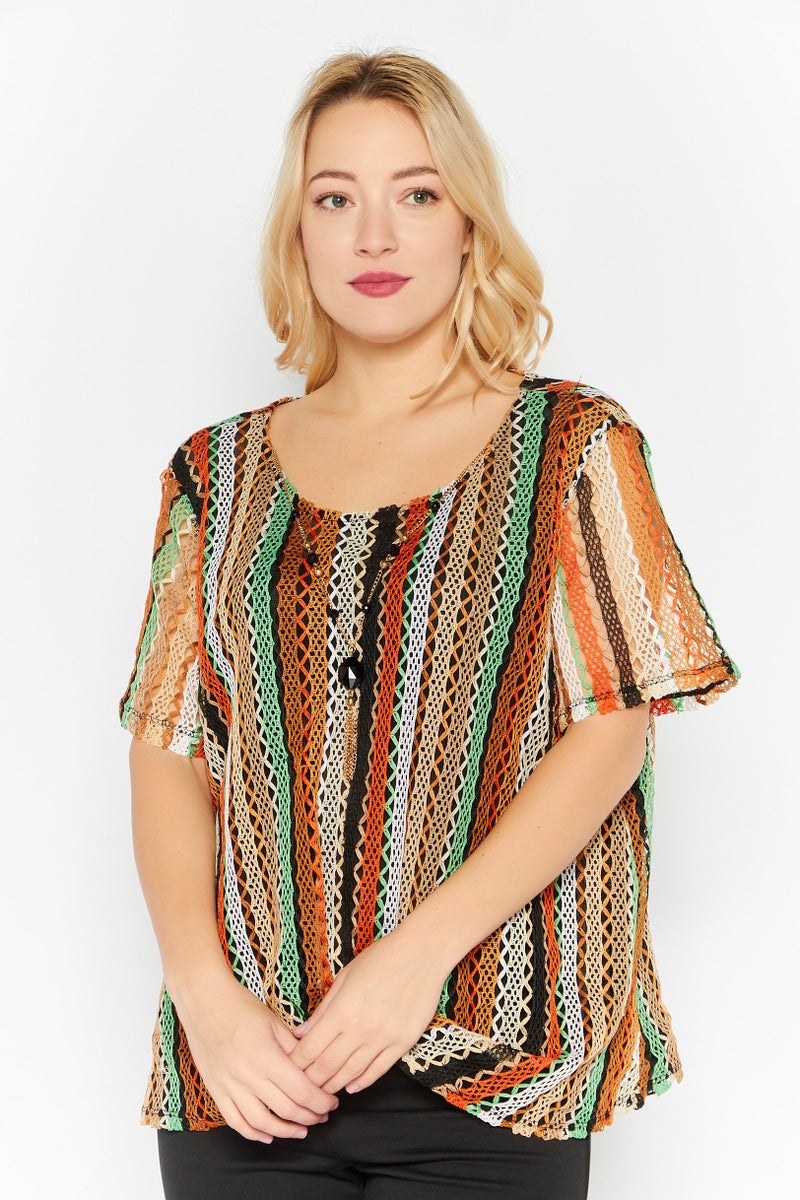Women Round Neck Short Sleeves Textured Top, Black Combo