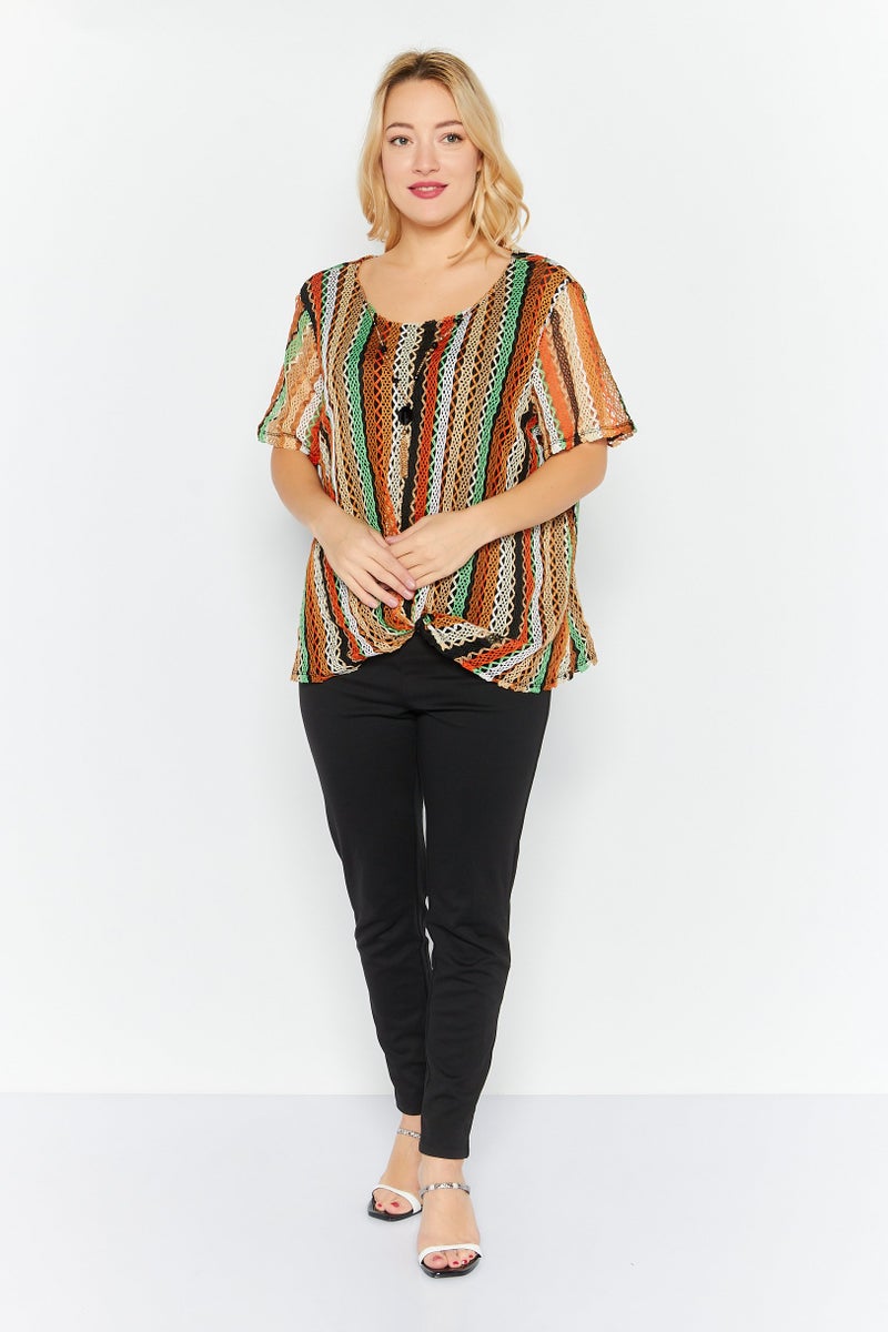 Women Round Neck Short Sleeves Textured Top, Black Combo