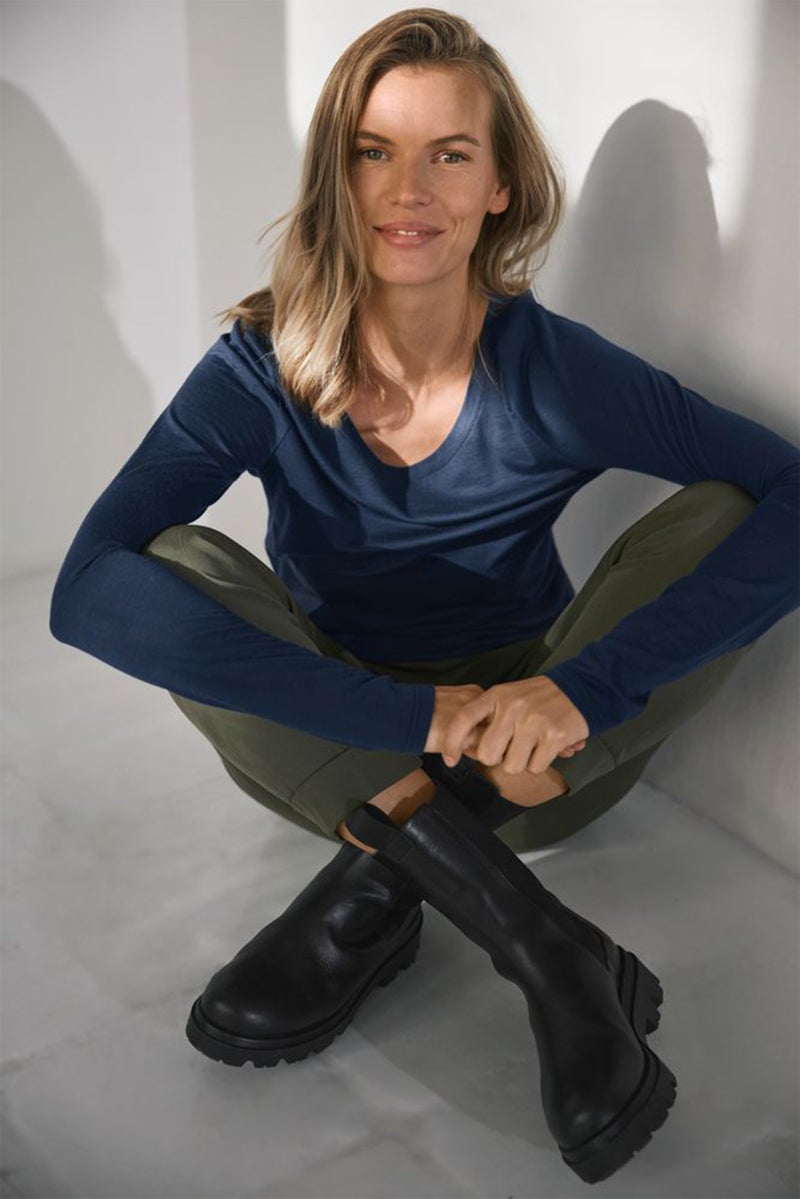 Women Bateau Neck Long Sleeves Plain Top, Navy