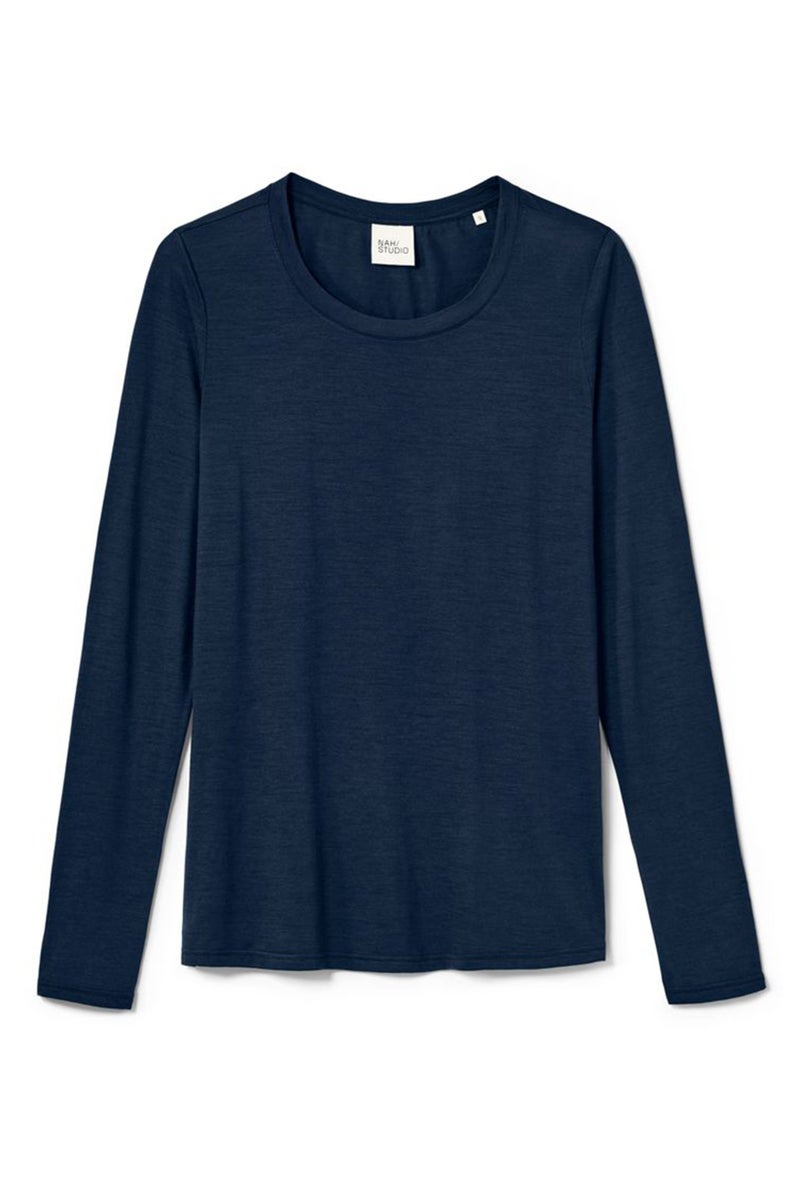 Women Bateau Neck Long Sleeves Plain Top, Navy