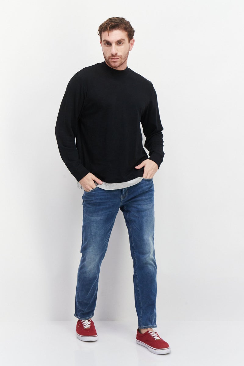 Men Crew Neck Long Sleeve Solid T-Shirts, Black