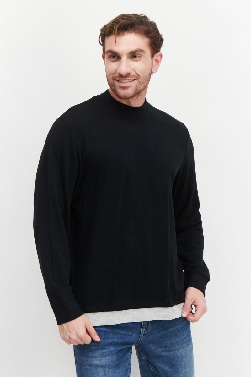 Men Crew Neck Long Sleeve Solid T-Shirts, Black