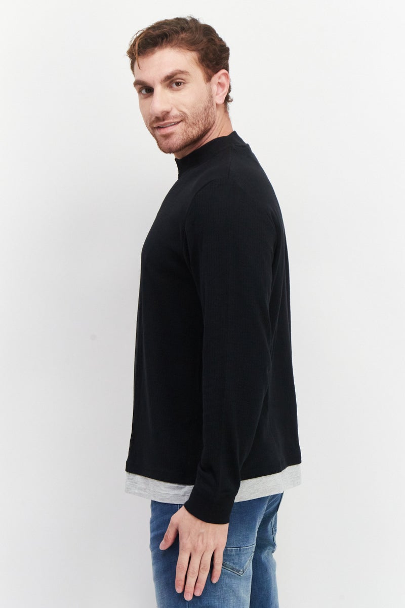 Men Crew Neck Long Sleeve Solid T-Shirts, Black