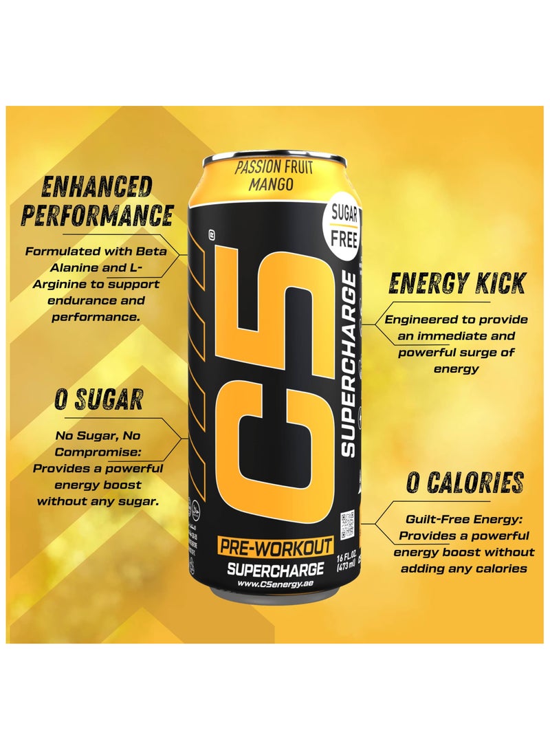 C5 Energy Drink Supercharge Passion Fruit Mango, Pre-Workout, 200mg Caffeine, Sugar Free, Zero Calories with Beta Alanine, L-Arginine 16fl.OZ, 473ml pre workout supplement Pack of 12