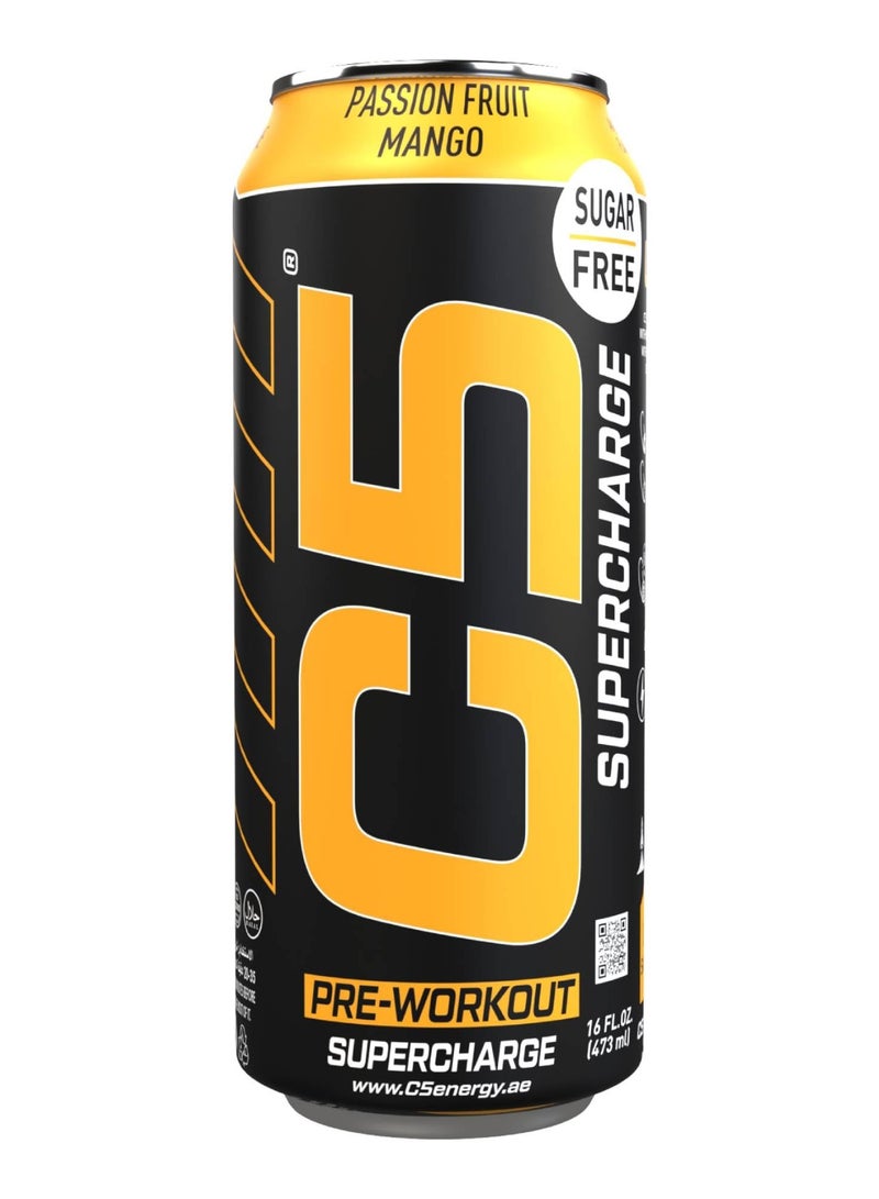 C5 Energy Drink Supercharge Passion Fruit Mango, Pre-Workout, 200mg Caffeine, Sugar Free, Zero Calories with Beta Alanine, L-Arginine 16fl.OZ, 473ml pre workout supplement Pack of 12