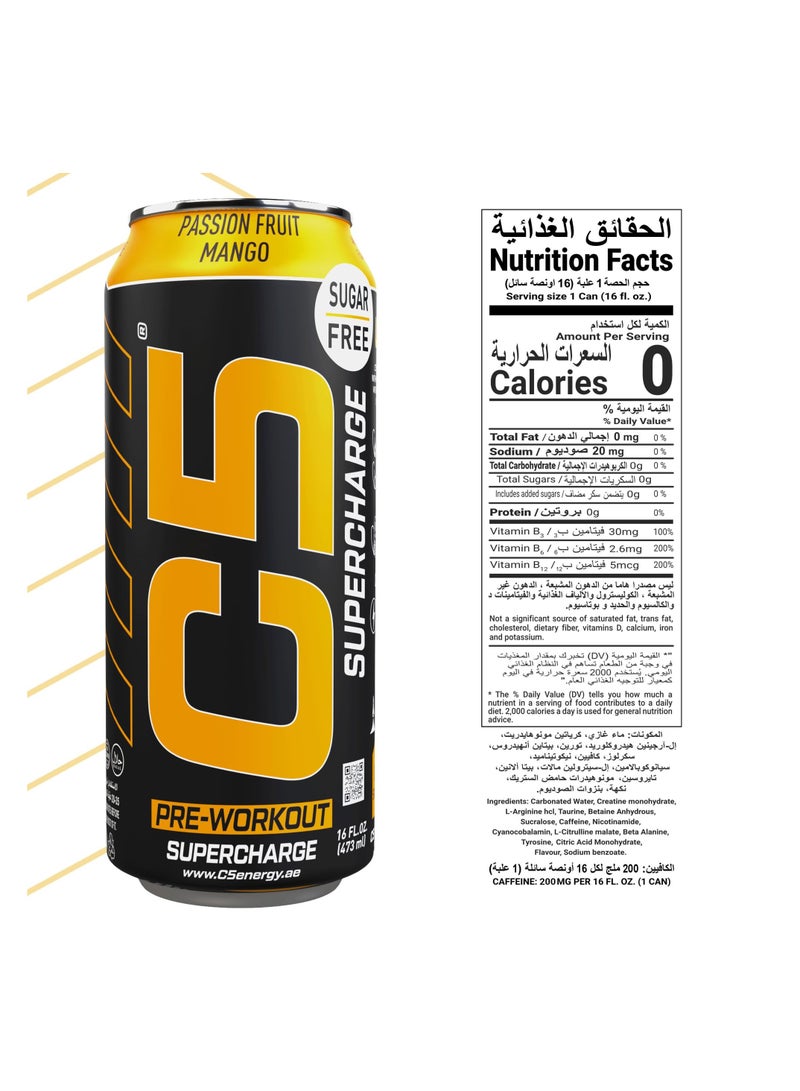 C5 Energy Drink Supercharge Passion Fruit Mango, Pre-Workout, 200mg Caffeine, Sugar Free, Zero Calories with Beta Alanine, L-Arginine 16fl.OZ, 473ml pre workout supplement Pack of 12