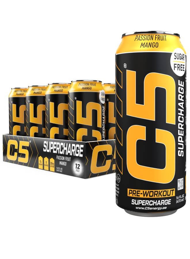 C5 Energy Drink Supercharge Passion Fruit Mango, Pre-Workout, 200mg Caffeine, Sugar Free, Zero Calories with Beta Alanine, L-Arginine 16fl.OZ, 473ml pre workout supplement Pack of 12