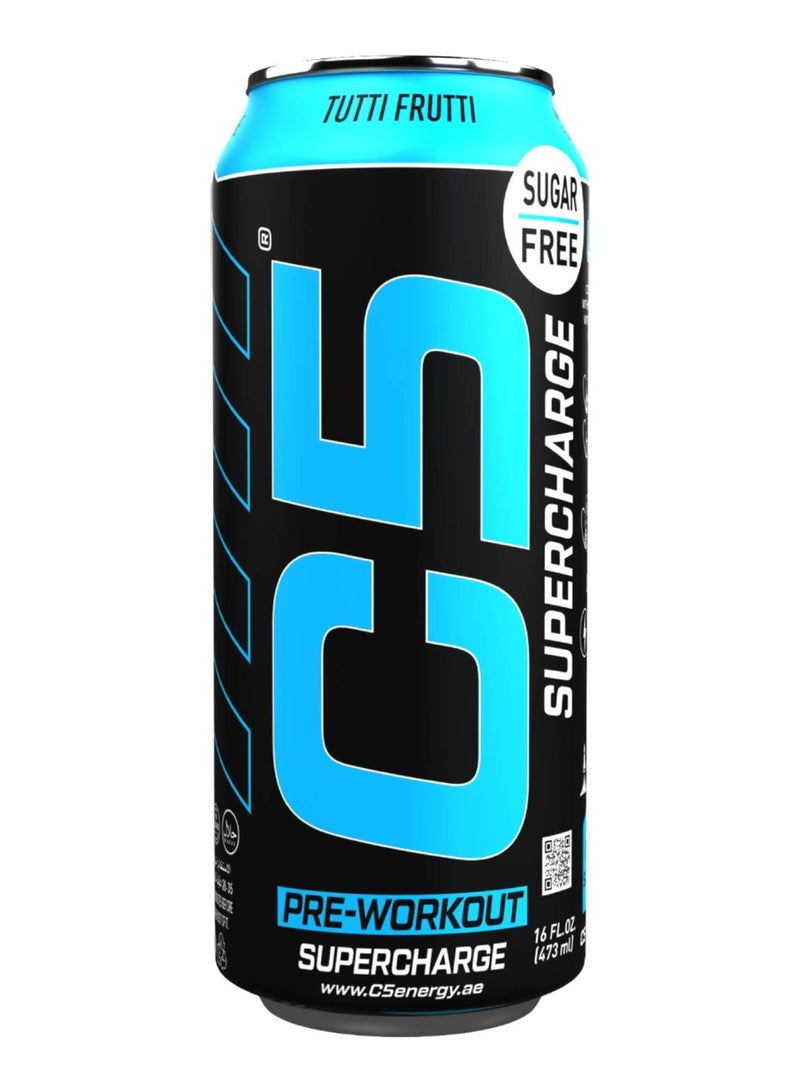 C5 Energy Drink Supercharge Tutti Frutti, Pre-Workout, 200mg Caffeine, Sugar Free, Zero Calories with Beta Alanine, L-Arginine 16fl.OZ, 473ml pre workout supplement Pack of 12