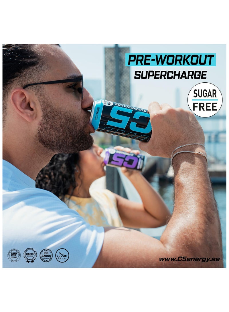 C5 Energy Drink Supercharge Tutti Frutti, Pre-Workout, 200mg Caffeine, Sugar Free, Zero Calories with Beta Alanine, L-Arginine 16fl.OZ, 473ml pre workout supplement Pack of 12