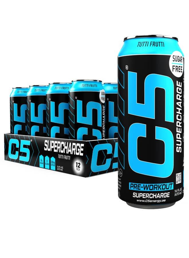 C5 Energy Drink Supercharge Tutti Frutti, Pre-Workout, 200mg Caffeine, Sugar Free, Zero Calories with Beta Alanine, L-Arginine 16fl.OZ, 473ml pre workout supplement Pack of 12