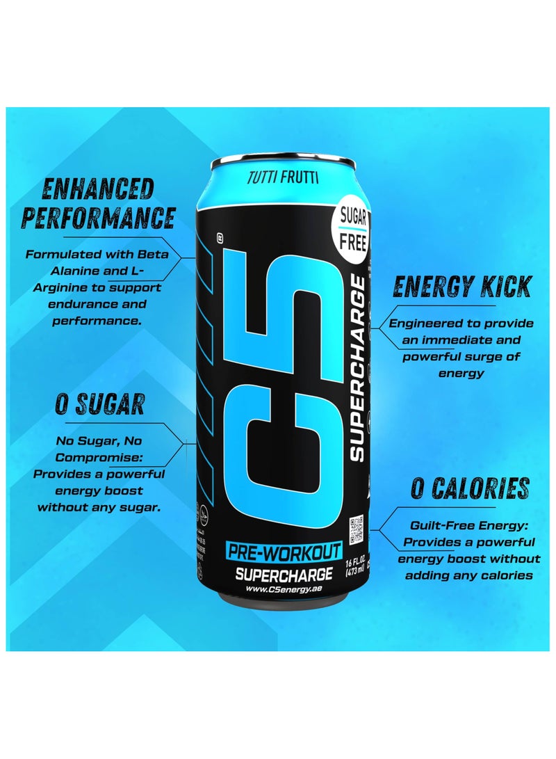 C5 Energy Drink Supercharge Tutti Frutti, Pre-Workout, 200mg Caffeine, Sugar Free, Zero Calories with Beta Alanine, L-Arginine 16fl.OZ, 473ml pre workout supplement Pack of 12