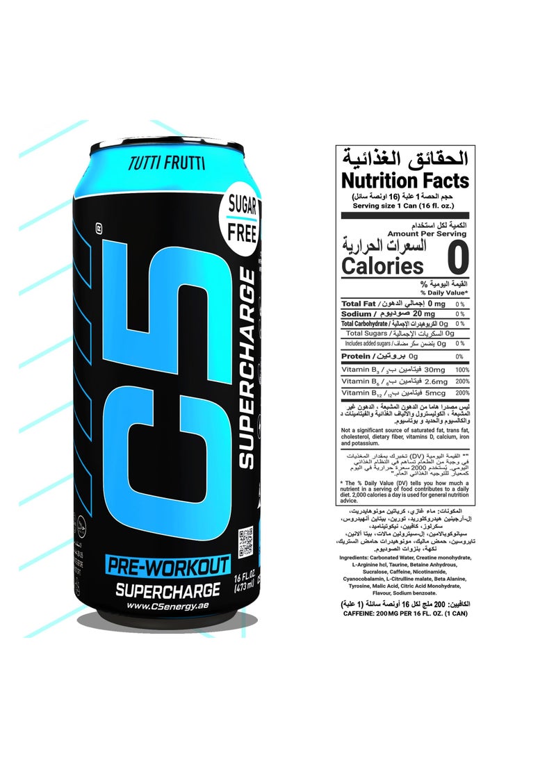 C5 Energy Drink Supercharge Tutti Frutti, Pre-Workout, 200mg Caffeine, Sugar Free, Zero Calories with Beta Alanine, L-Arginine 16fl.OZ, 473ml pre workout supplement Pack of 12