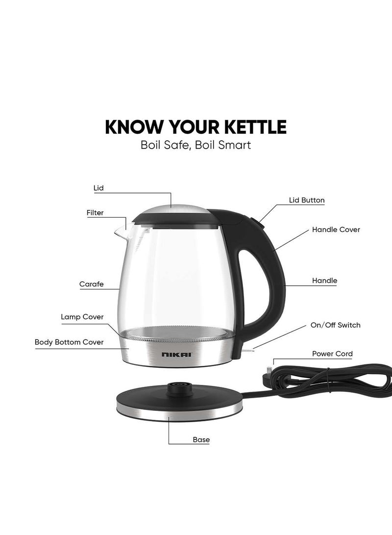 Compact, Cordless Electric Glass Kettle Boiler, Automatic Shut Off, Boil Dry Protection, Led Indicator, Integrated Filter, 360° Rotating Base, For Home And Office Use 1.7 L 2200 W NK313G Glass