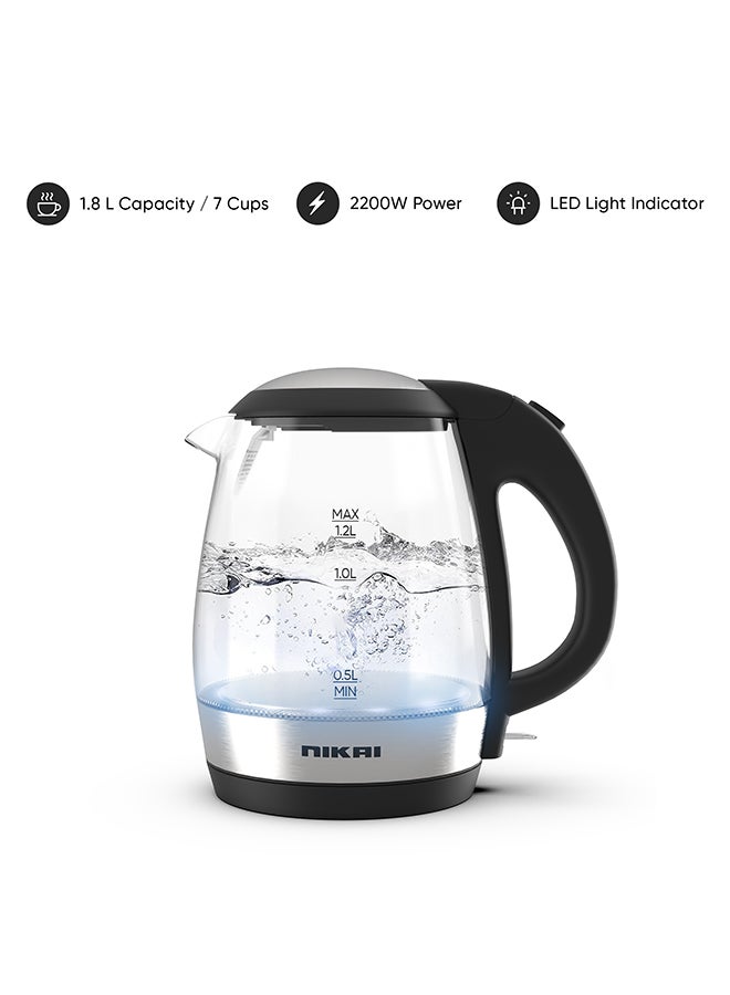 Compact, Cordless Electric Glass Kettle Boiler, Automatic Shut Off, Boil Dry Protection, Led Indicator, Integrated Filter, 360° Rotating Base, For Home And Office Use 1.7 L 2200 W NK313G Glass