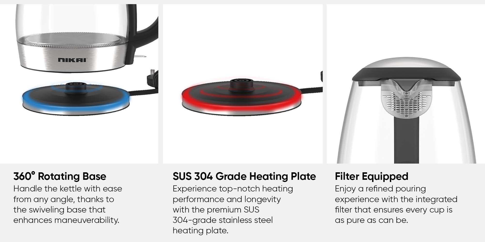 Compact, Cordless Electric Glass Kettle Boiler, Automatic Shut Off, Boil Dry Protection, Led Indicator, Integrated Filter, 360° Rotating Base, For Home And Office Use 1.7 L 2200 W NK313G Glass