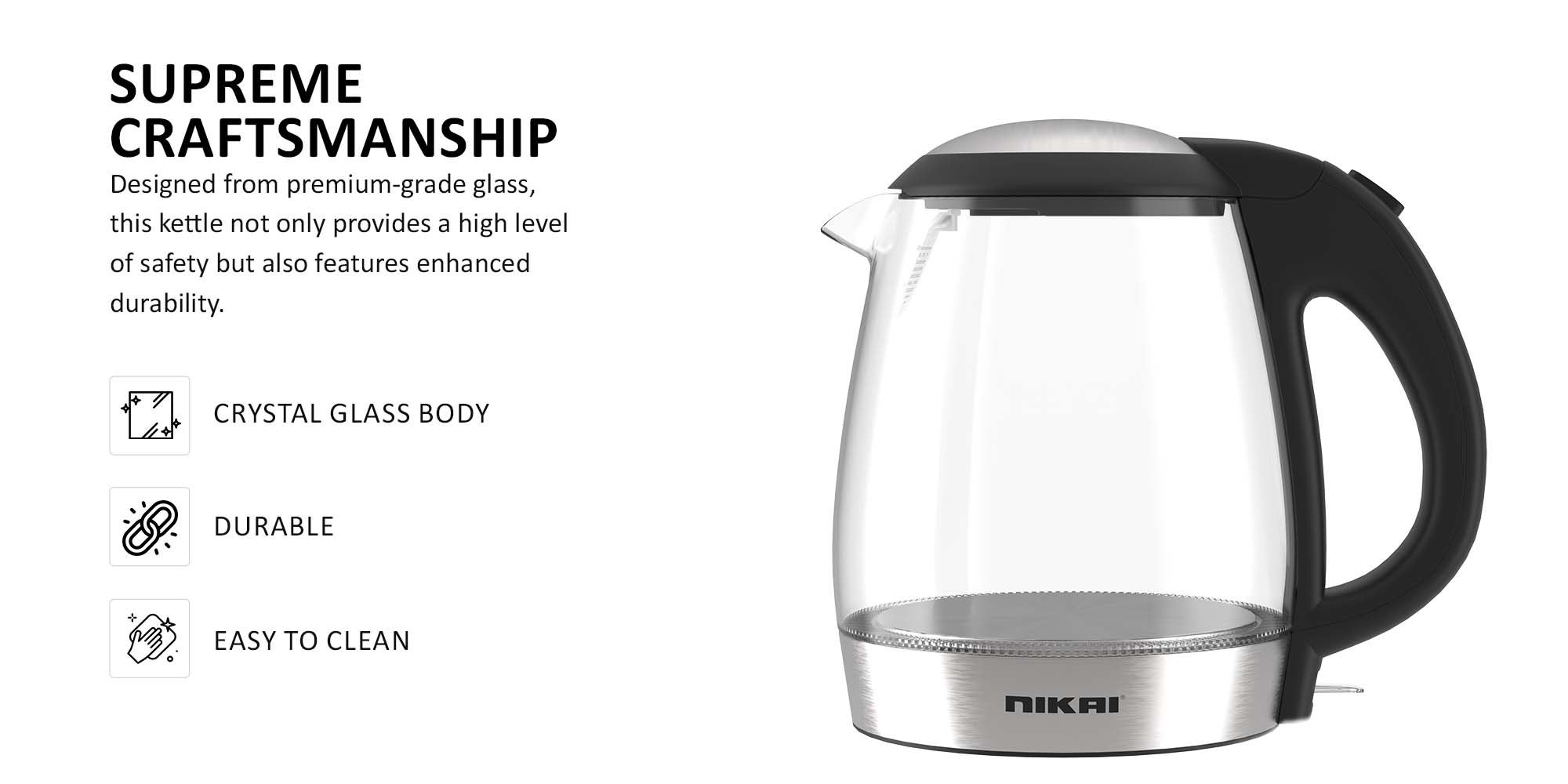 Compact, Cordless Electric Glass Kettle Boiler, Automatic Shut Off, Boil Dry Protection, Led Indicator, Integrated Filter, 360° Rotating Base, For Home And Office Use 1.7 L 2200 W NK313G Glass