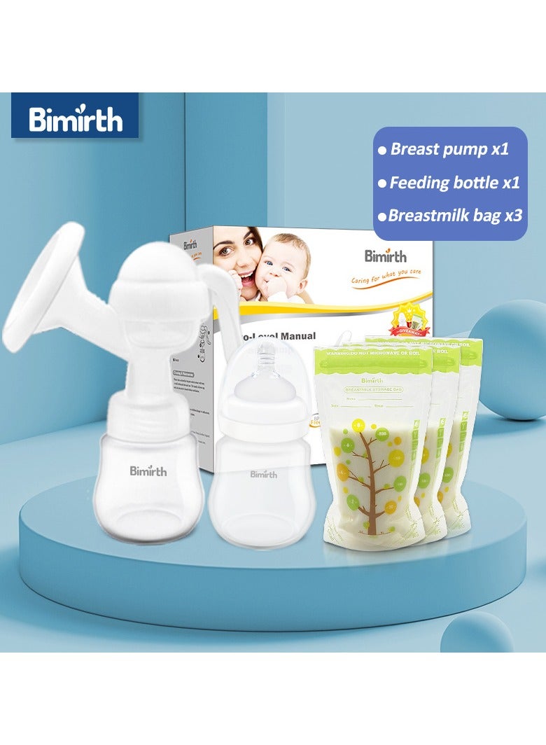 Manual Silicone Breast Pump With Adjustable Suction With 1 Feeding Bottle，3 Breastmilk Bag