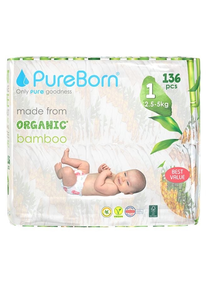 Organic Bamboo Size 1 Diapers Upto 5 Kgs 136 Count