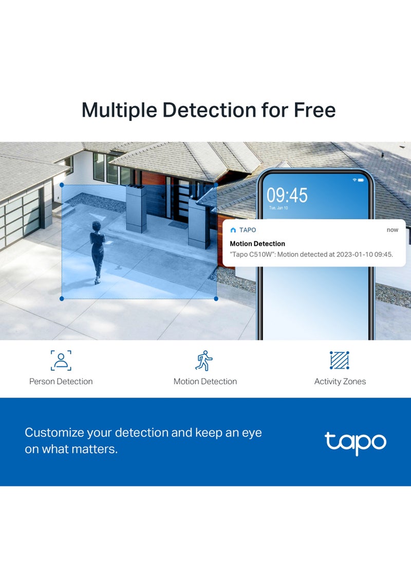 Tapo C510W 2K Outdoor Wired Pan/Tilt Security Wi-Fi Camera, 360° View, Motion Tracking, Works w/Alexa & Google Home, Color Night Vision, Free AI Detection, Cloud & SD Card Storage(up to 512GB)