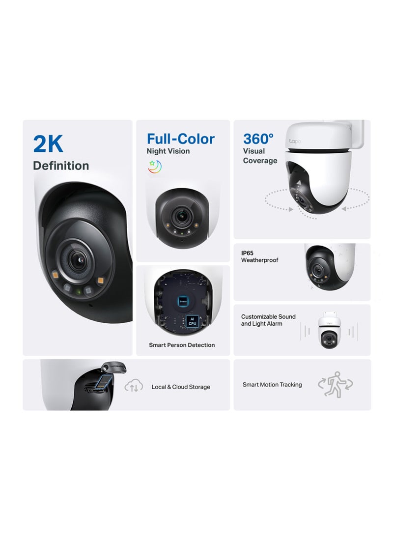 Tapo C510W 2K Outdoor Wired Pan/Tilt Security Wi-Fi Camera, 360° View, Motion Tracking, Works w/Alexa & Google Home, Color Night Vision, Free AI Detection, Cloud & SD Card Storage(up to 512GB)