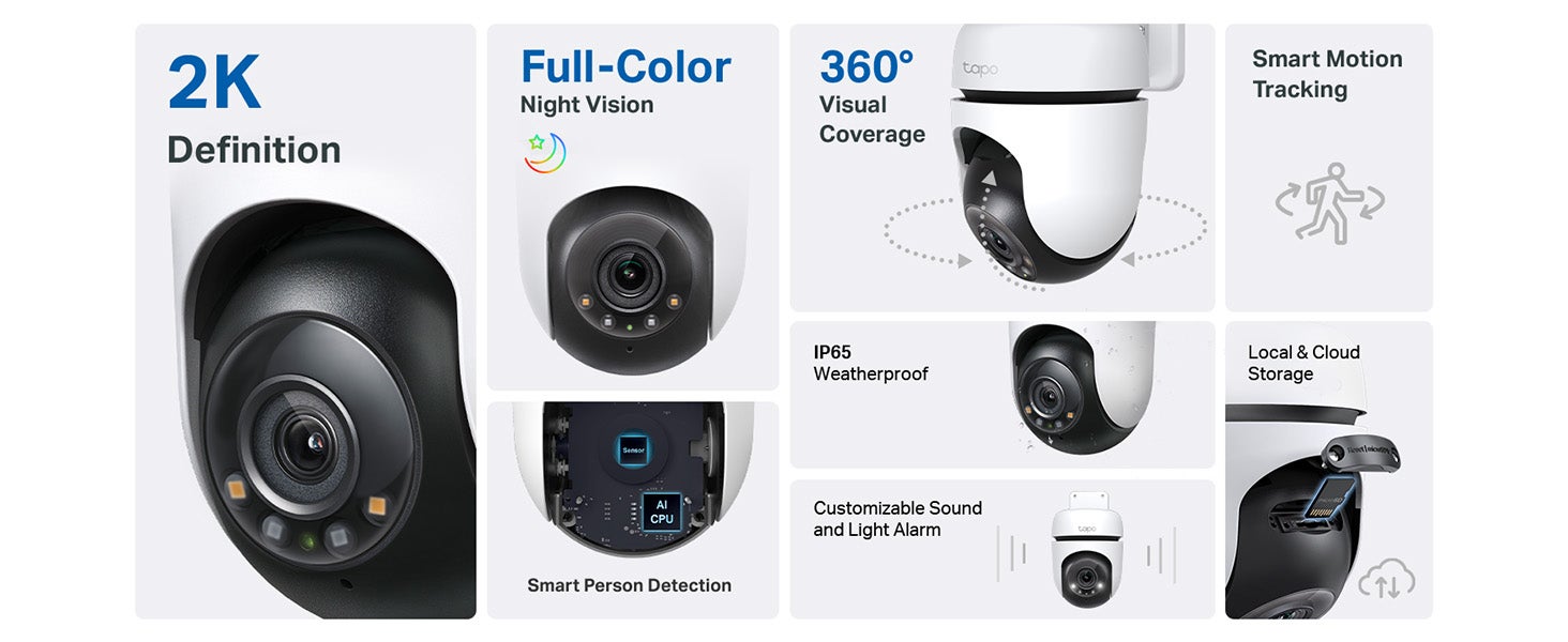 Tapo C510W 2K Outdoor Wired Pan/Tilt Security Wi-Fi Camera, 360° View, Motion Tracking, Works w/Alexa & Google Home, Color Night Vision, Free AI Detection, Cloud & SD Card Storage(up to 512GB)