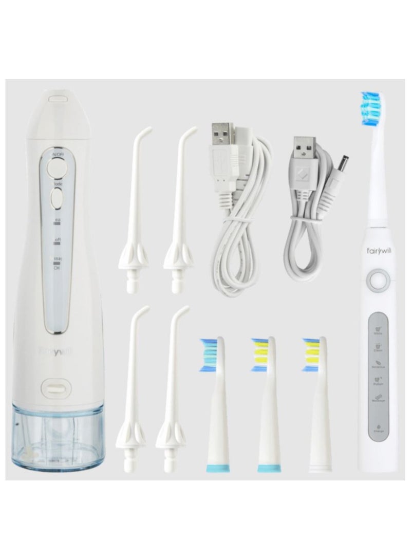 Fairywill Electric Toothbrush and Water Flosser Combo with 8 Heads white