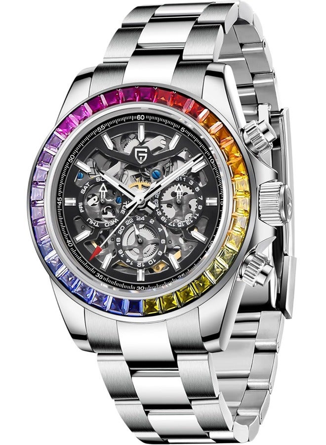 Men's Automatic Mechanical Watches, Multifunctional Mechanical 40MM Skeleton, Rainbow Stainless Steel Bezel, Sapphire Glass Dial, Stainless Steel Strap, Luminous PD1777