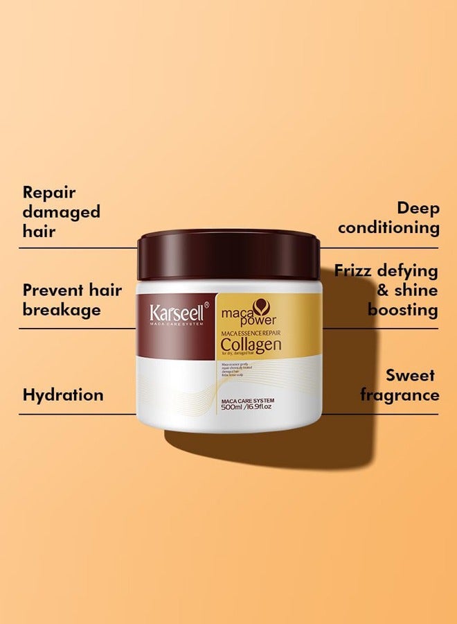 Karseell Collagen Maca Hair Treatment Deep Repair Conditioning Hair Mask Argan Oil Coconut Oil Essence for Dry Damaged Hair All Hair Types 16.90 Fl oz 500ml