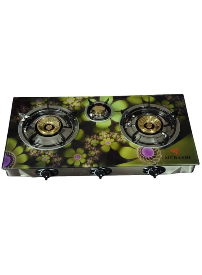 MEBASHI Green Three Burner Glass Stove with Blue Flame Control Technology (ME-GS1001G)