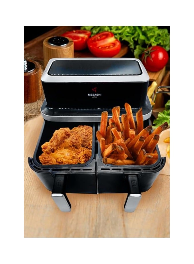 Mebashi 9L Air Fryer Dual Basket with Touch Screen, 2 Separate Baskets, Windows Glass Air Fryer (ME-AF976)(2600W)