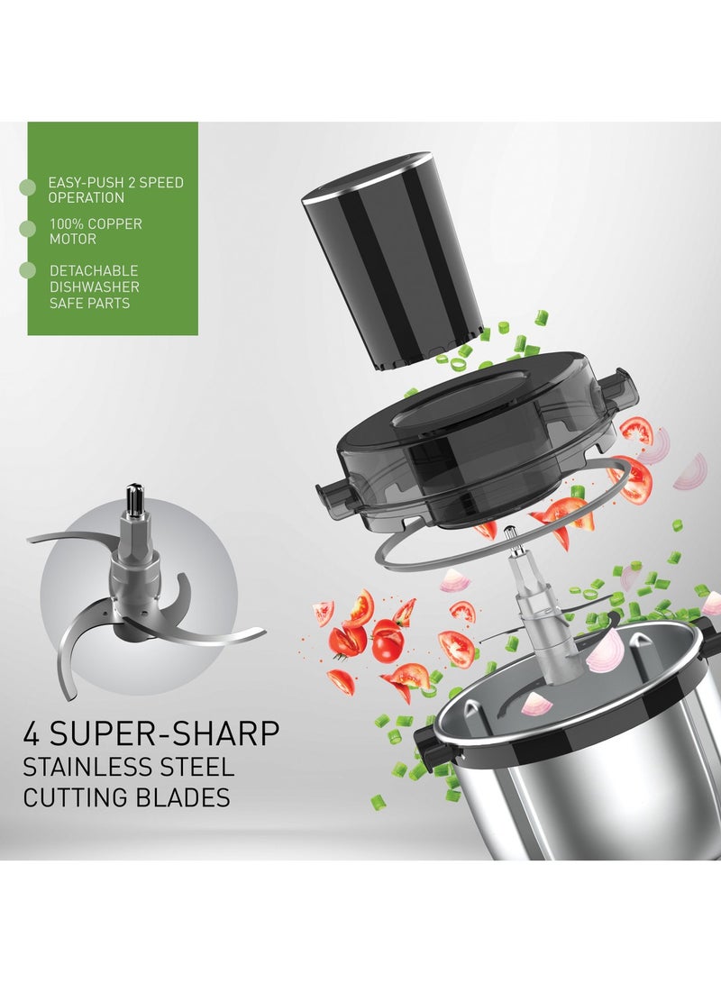 Electric Food Chopper And Meat Processor With Powerful Four Blade System Easy Push Two Speed Operation Detachable Stainless Steel Quad Blades For Effortless Chopping And Grinding