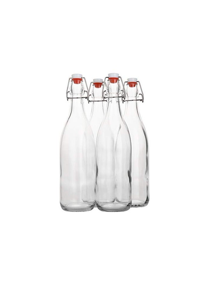 Flip Top Glass Bottle, 1L/ 33fl. oz, Pack of 4, Clear