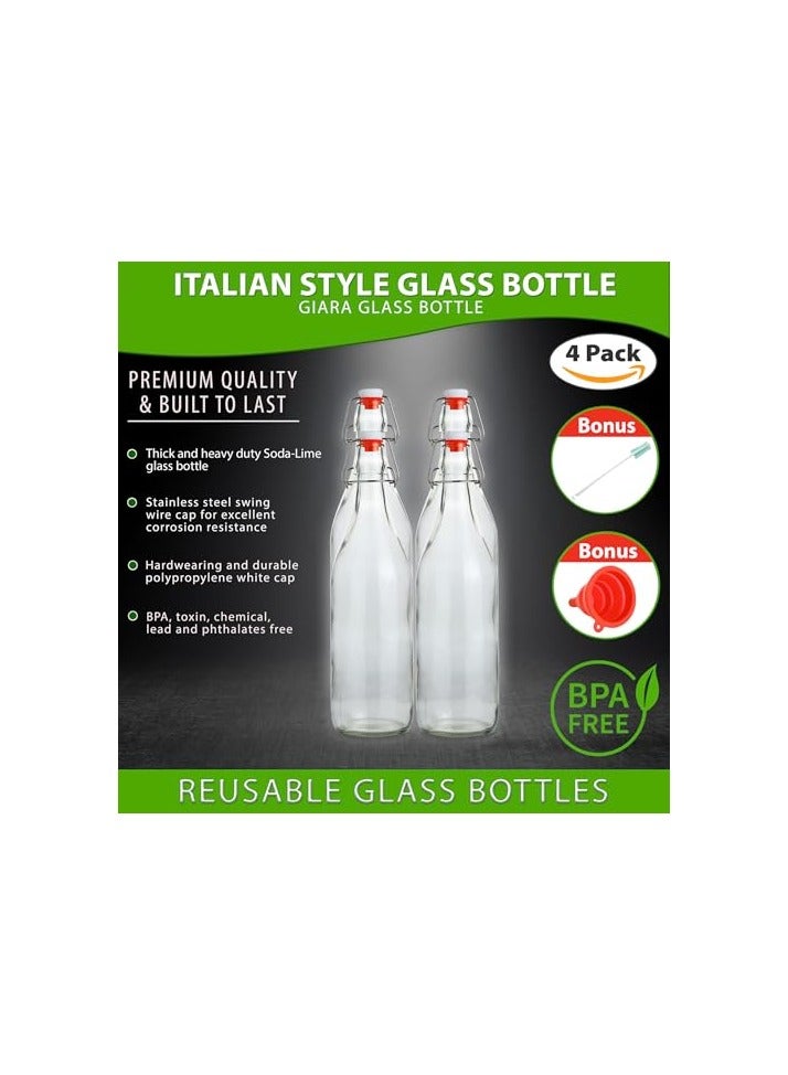 Flip Top Glass Bottle, 1L/ 33fl. oz, Pack of 4, Clear